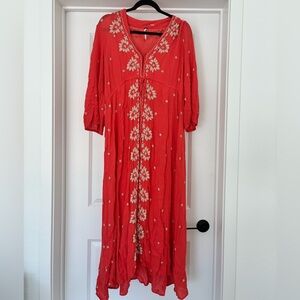 Coral free People embroidered Fable midi dress